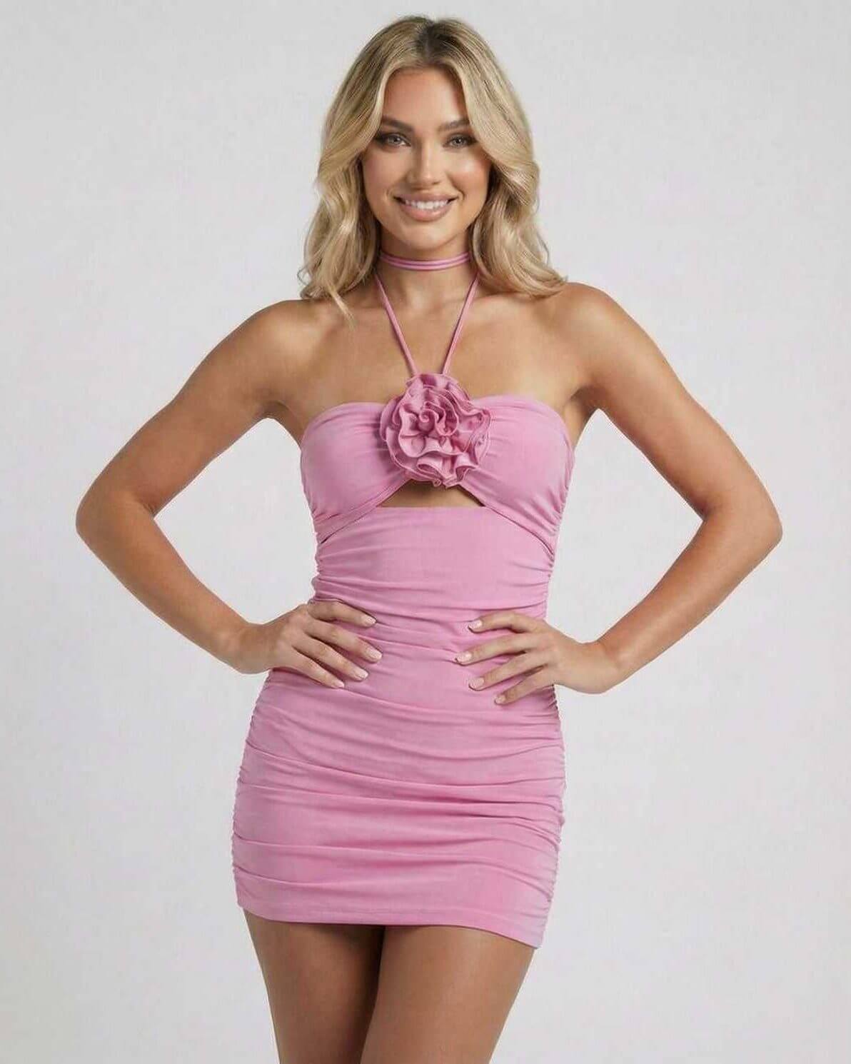 Lauven Blossom Mini Dress in pink with ruched design and halter neck, perfect for a stylish summer look.