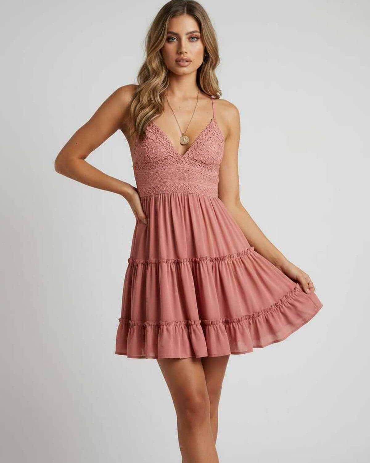 Lauven Blossom Mini Dress featuring lace and pleated fabric in a flattering silhouette.