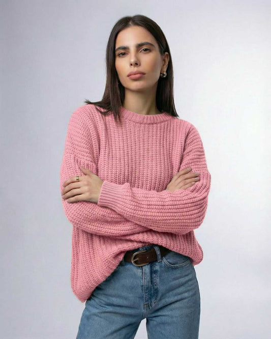 Blossom Sweater by Lauven, a relaxed pink ribbed knit featuring a modern structure for effortless everyday styling.