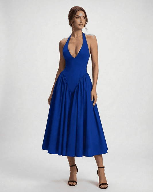 Blue Celeste Midi dress by Lauven featuring a halter neck and backless design in a vibrant blue color.