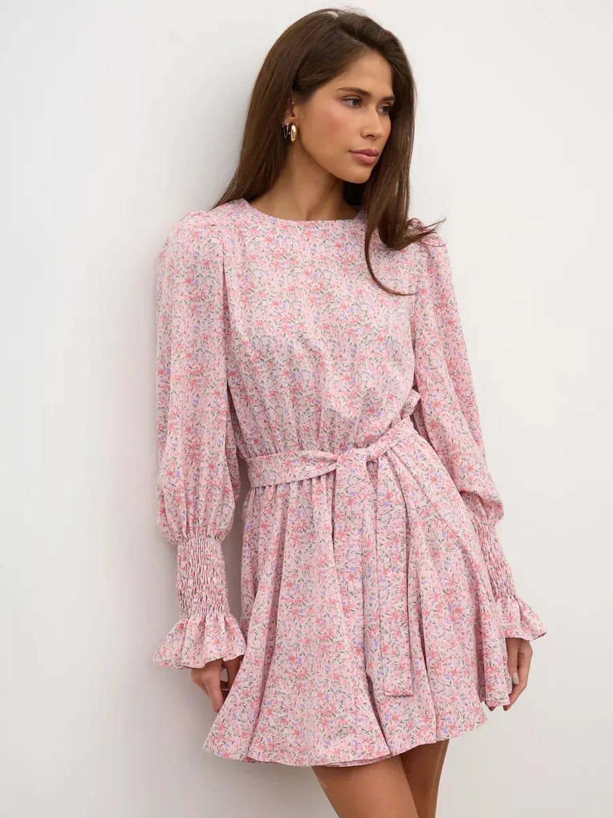 Lauven Blush Bloom Mini Dress in soft pink floral, featuring round neck, long sleeves, and flared skirt with ruffle detail.
