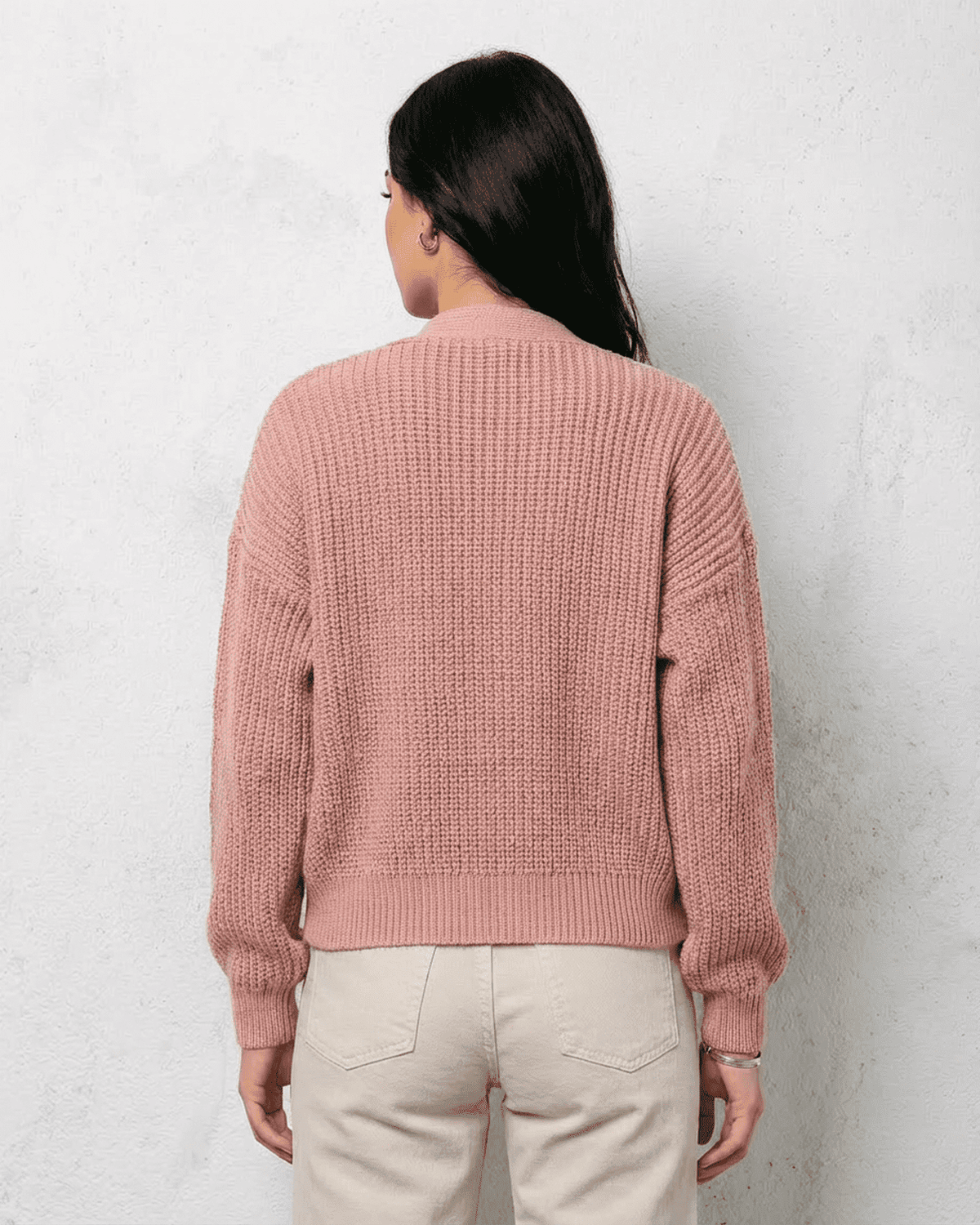 Back view of Lauven Blush Cardigan, featuring soft pink knit, relaxed fit, and classic design.