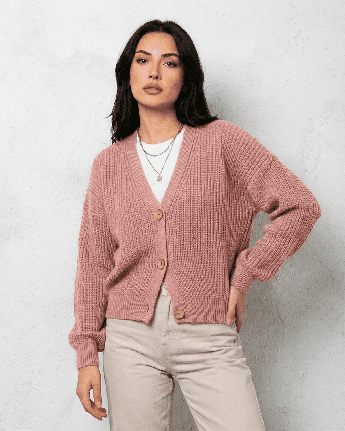 Blush Cardigan by Lauven - Soft pink knitwear with relaxed V-neck design and buttons, perfect for layering.