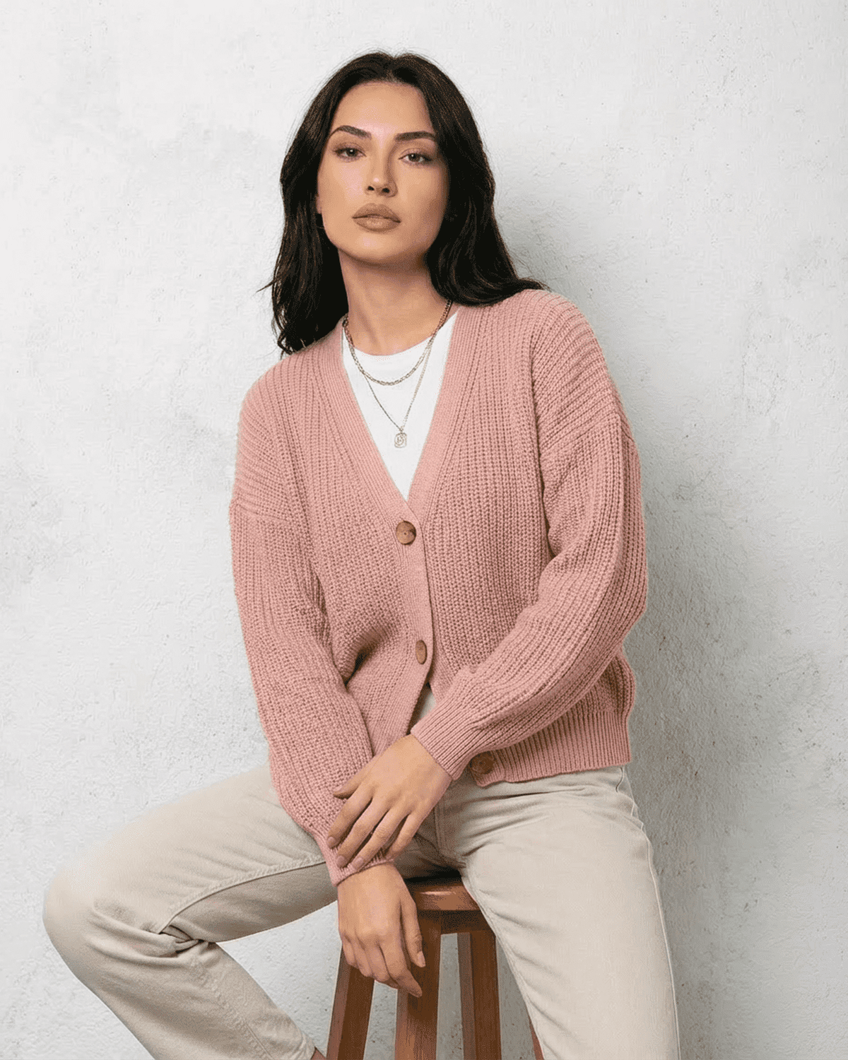 Blush Cardigan by Lauven – Soft pink knitwear with relaxed V-neck design and a comfortable fit.