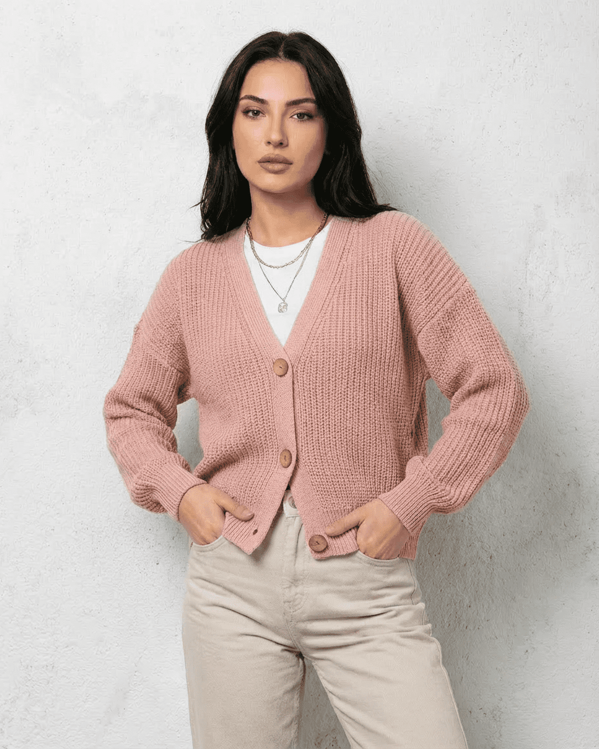 Blush Cardigan by Lauven – Soft pink knitwear with relaxed V-neck design and buttons.