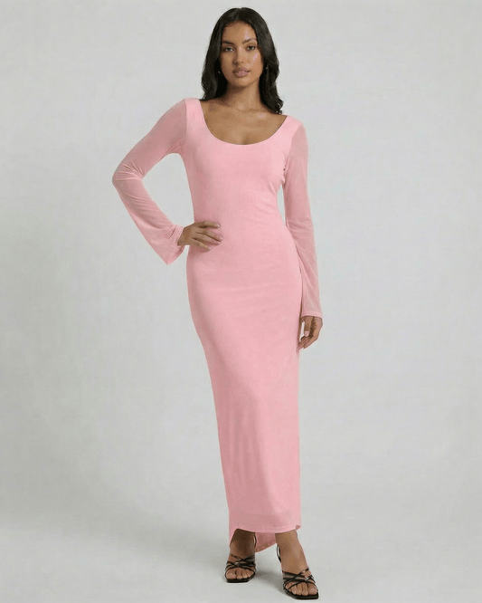 Blush Maxi Dress by Lauven: Long sleeve pink maxi dress with open back and refined sheath silhouette.