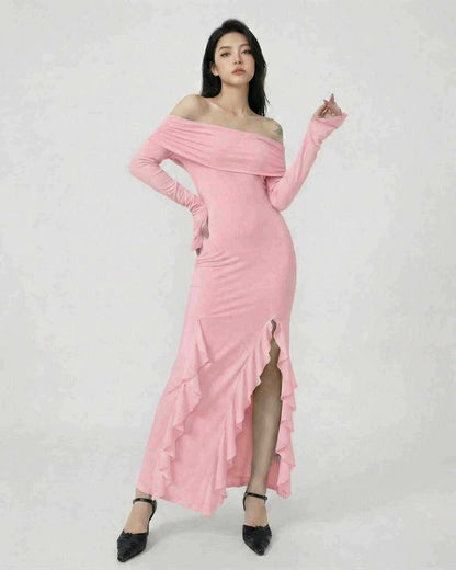 Blush Maxi Dress by Lauven - Off-Shoulder Asymmetrical Ruffle Dress with Flare Sleeves in Pink