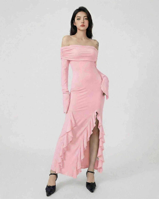 Lauven Blush Maxi Dress - Off-Shoulder Asymmetrical Ruffle Dress with Flare Sleeves in Elegant Pink