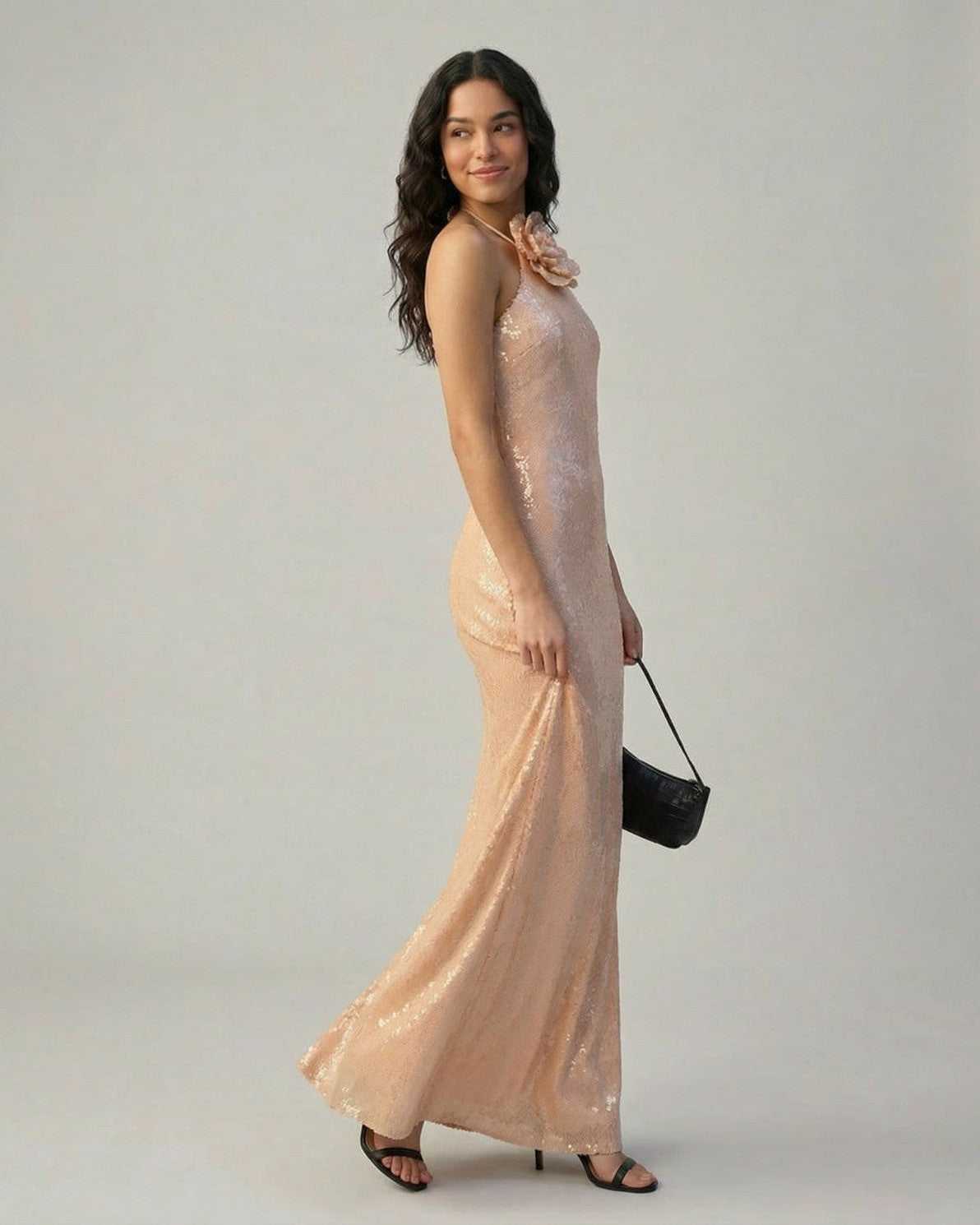 Blush Maxi Dress by Lauven, featuring a sequin sheath silhouette and halter neckline for summer elegance.