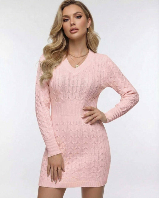 Blush Mini Dress by Lauven, elegant cable knit V-neck, elastic waist, soft polyester blend, long sleeve, blush pink.