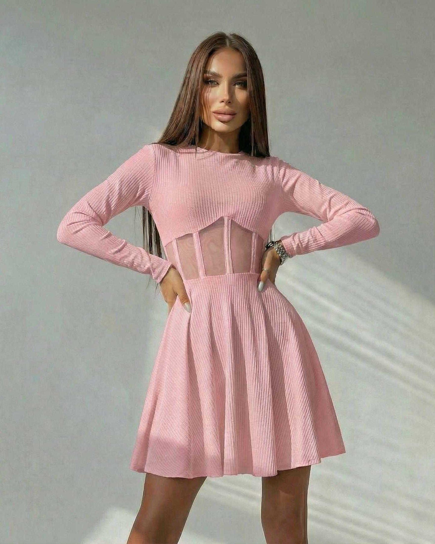 Blush Mini Dress by Lauven - Pink Long Sleeve A-Line Mini Dress with Sheer Corset Panel.
