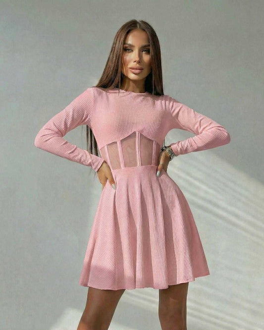 Blush Mini Dress by Lauven - Pink Long Sleeve A-Line Mini Dress with Sheer Corset Panel.