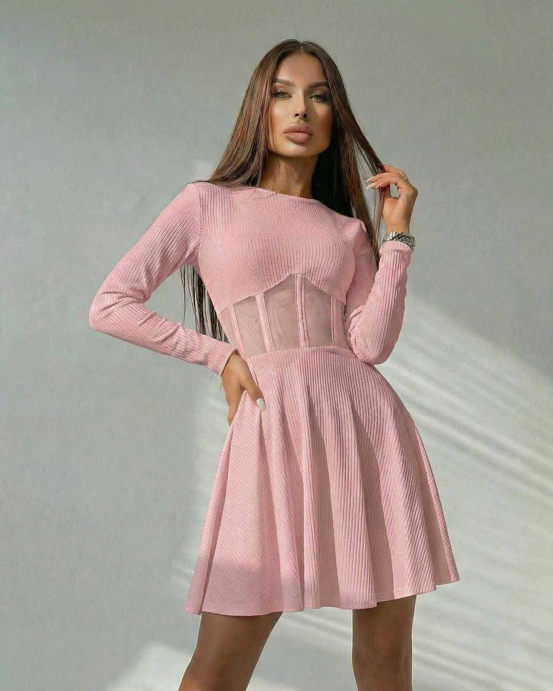 Blush Mini Dress by Lauven, pink long sleeve A-line mini dress with sheer corset panel and structured mesh waist.