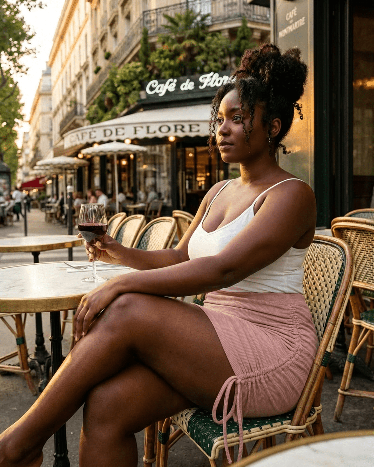 Woman in a blush mini skirt by Lauven, enjoying a drink at Café de Flore, showcasing feminine style and confidence.