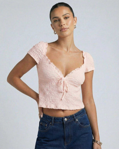 Blush Tie Top by Lauven - Textured V-Neck Crop Top with adjustable tie detail.