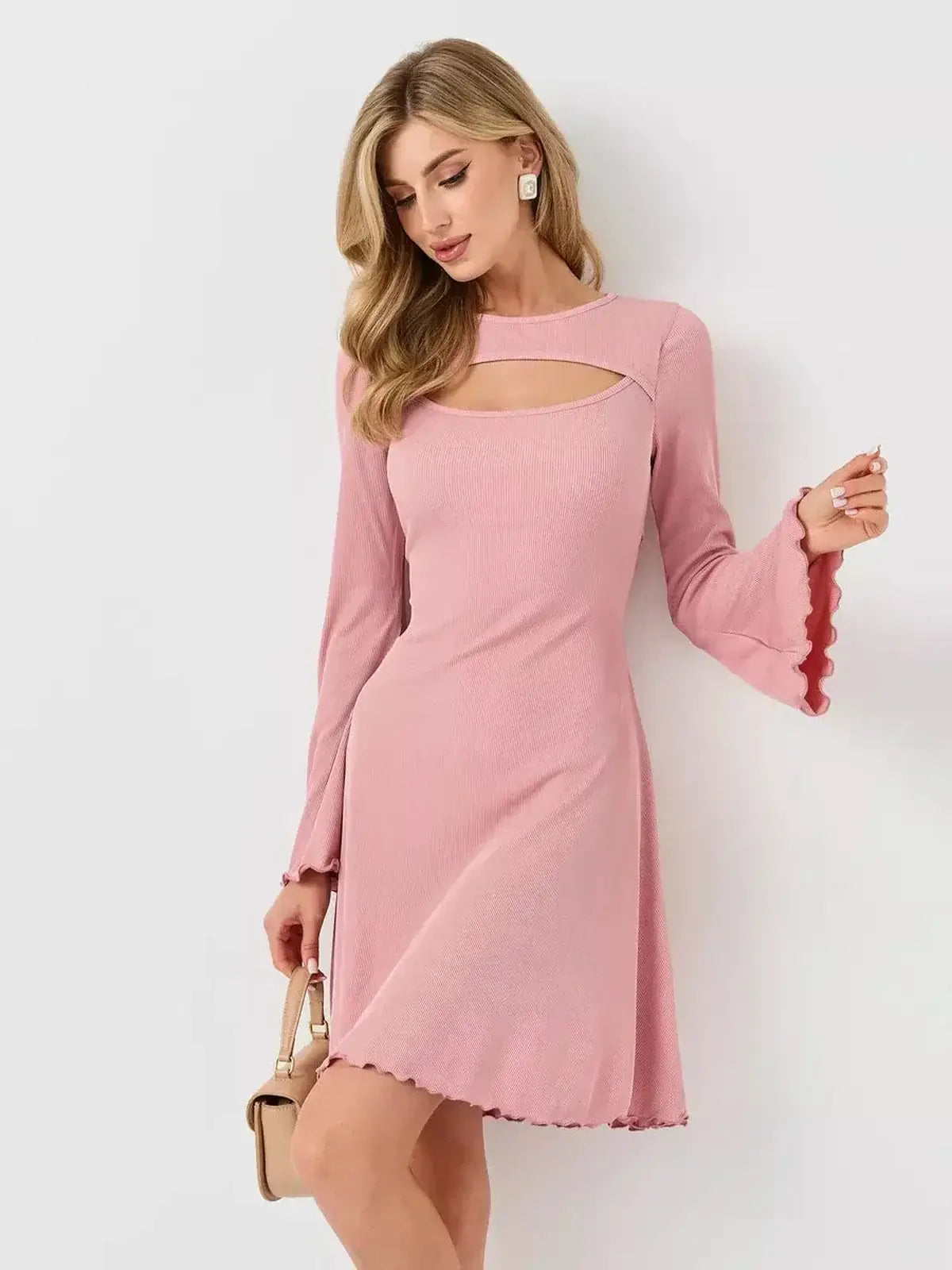 Blush Whisper by Lauven, a modern pink dress with flattering U-neckline and flared sleeves for summer styling.