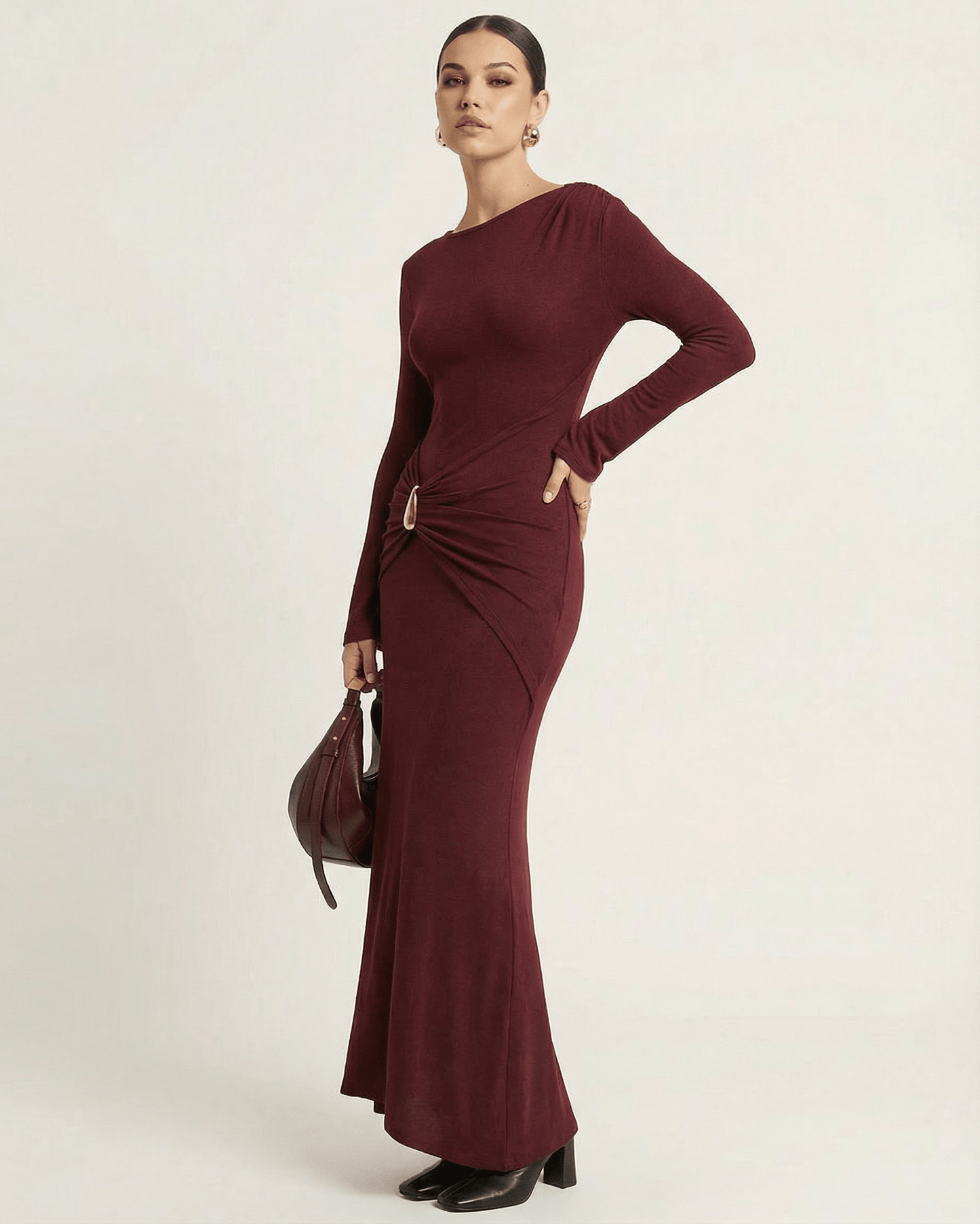 Bordeaux Maxi Dress by Lauven, showcasing a bodycon design with pleated high waist and long flare sleeves.