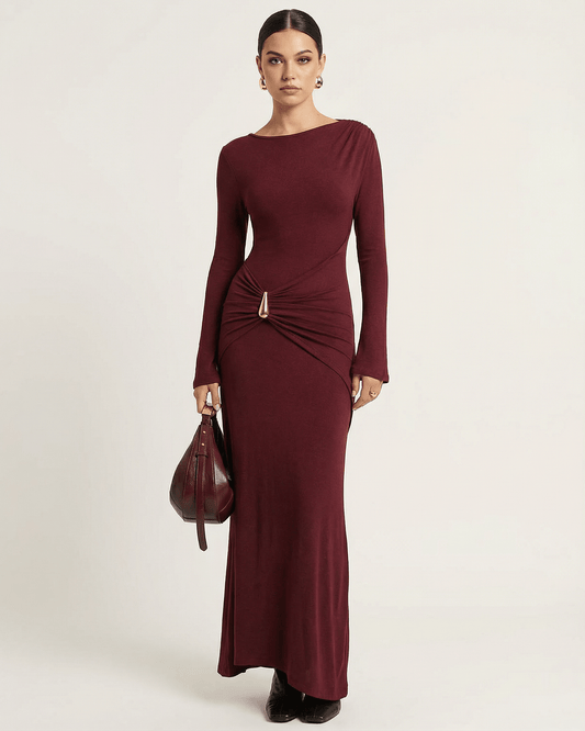 Bordeaux Maxi Dress by Lauven, featuring a bodycon silhouette with long sleeves and pleated high waist.
