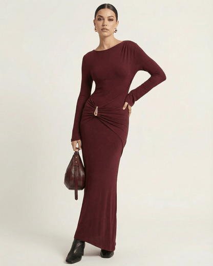Bordeaux Maxi Dress by Lauven featuring a pleated high waist and long flare sleeves in deep wine-red fabric.
