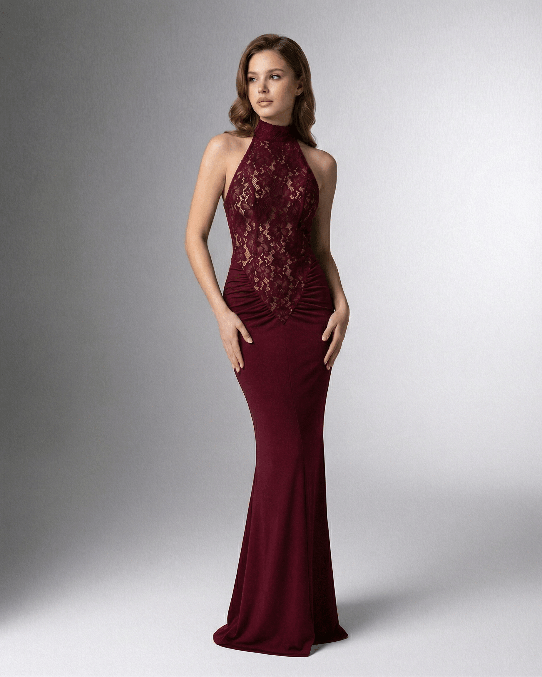 Bordeaux Maxi Dress by Lauven – Burgundy halter neck dress with lace bodice and open back, showcasing bodycon silhouette.
