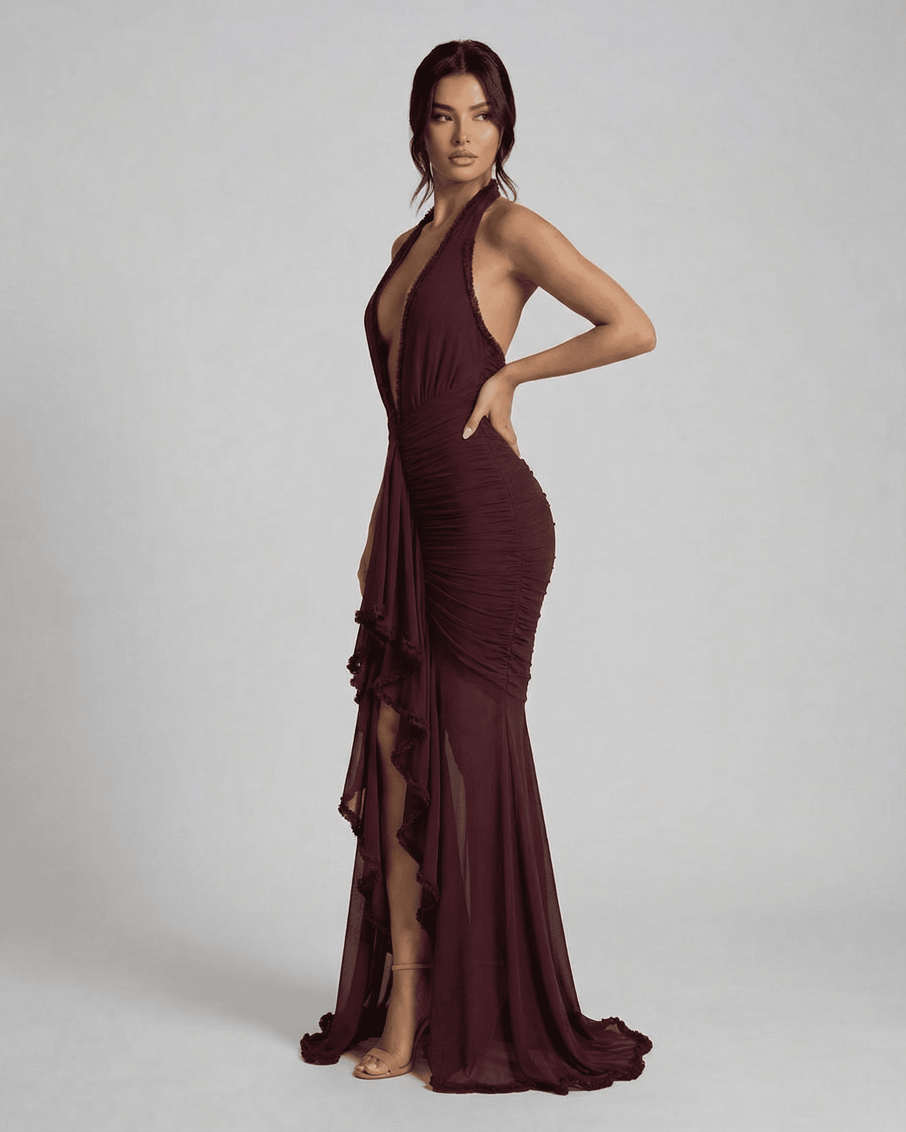 Bordeaux Maxi Dress by Lauven featuring ruched design and lace detail in deep burgundy.