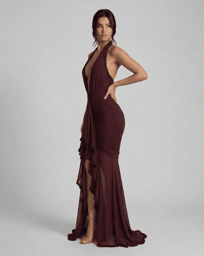 Bordeaux Maxi Dress by Lauven featuring ruched design and lace detail in deep burgundy.