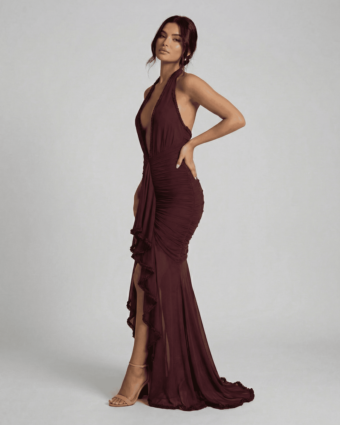 Bordeaux Maxi Dress by Lauven, a deep burgundy ruched slip dress with lace detail and halter neckline.