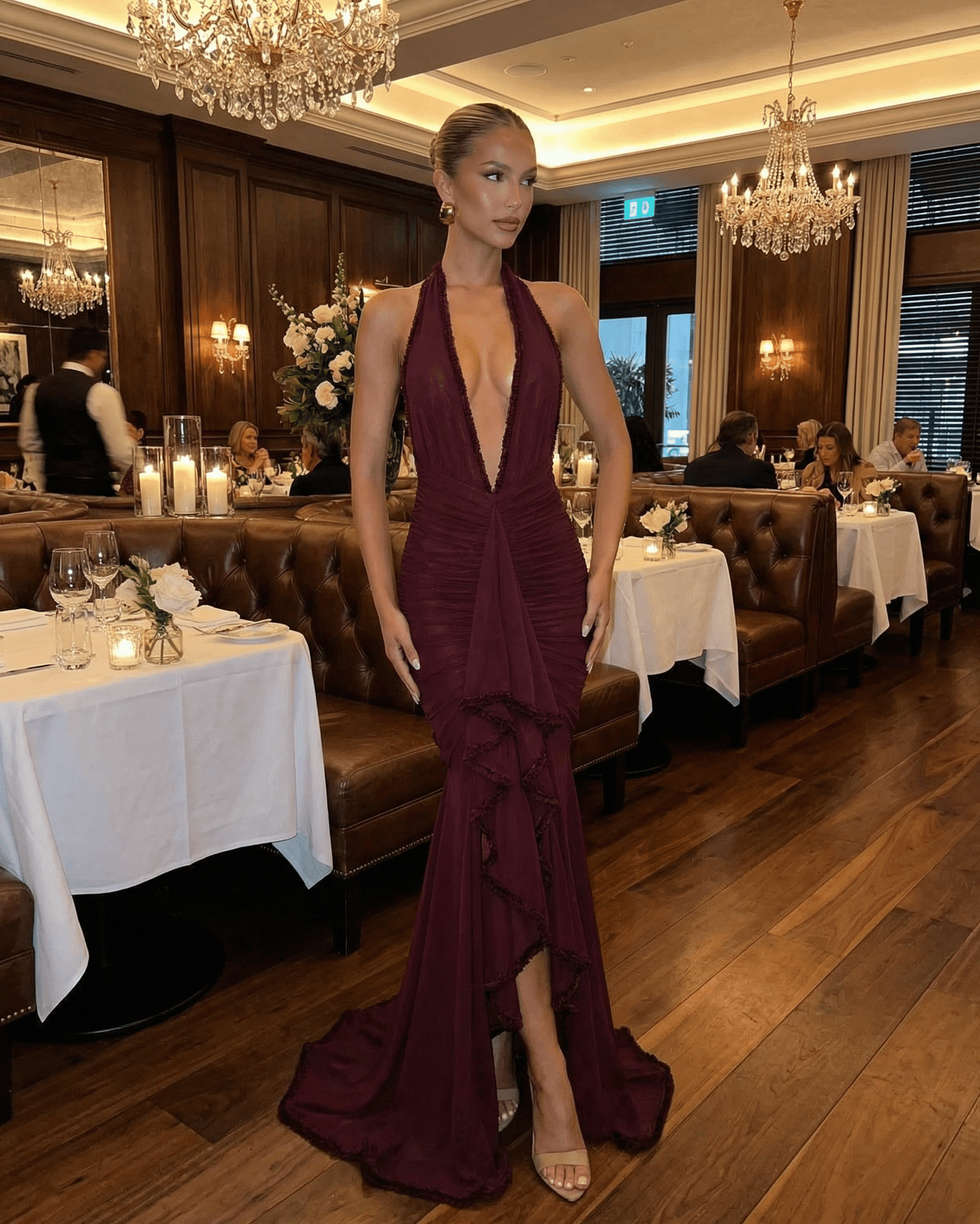 Bordeaux Maxi Dress by Lauven, elegant ruched design with lace detail in burgundy, perfect for formal dining occasions.
