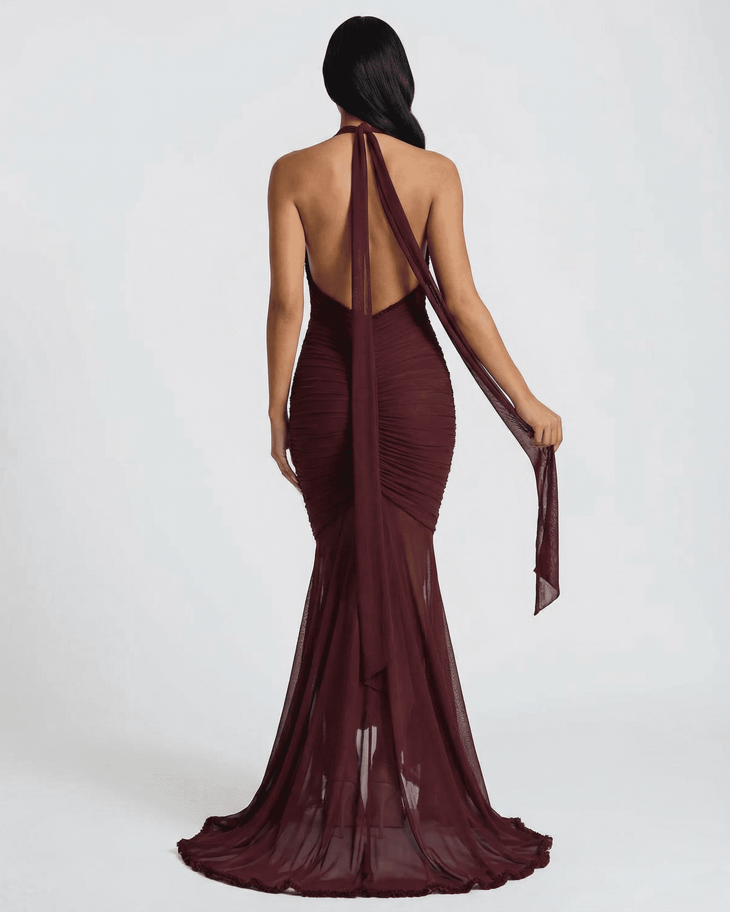 Bordeaux Maxi Dress by Lauven, showcasing a ruched back and elegant flowing design in deep burgundy.