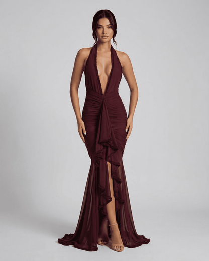 Bordeaux Maxi Dress by Lauven, featuring a plunging neckline and ruched detail in deep burgundy.