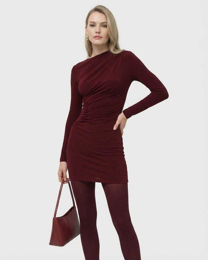 Bordeaux Mini Dress by Lauven - Long Sleeve Bodycon Dress in Deep Wine with Applique Detail