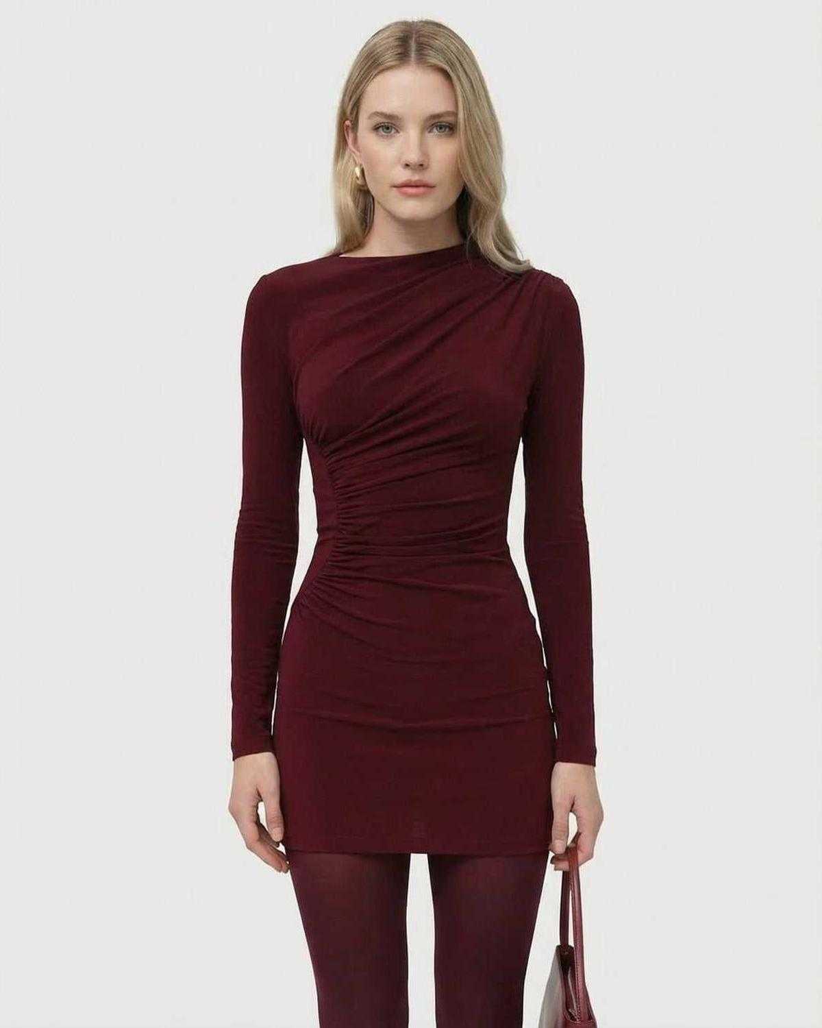 Bordeaux Mini Dress by Lauven - Long sleeve bodycon mini dress in deep wine tone with applique detail.