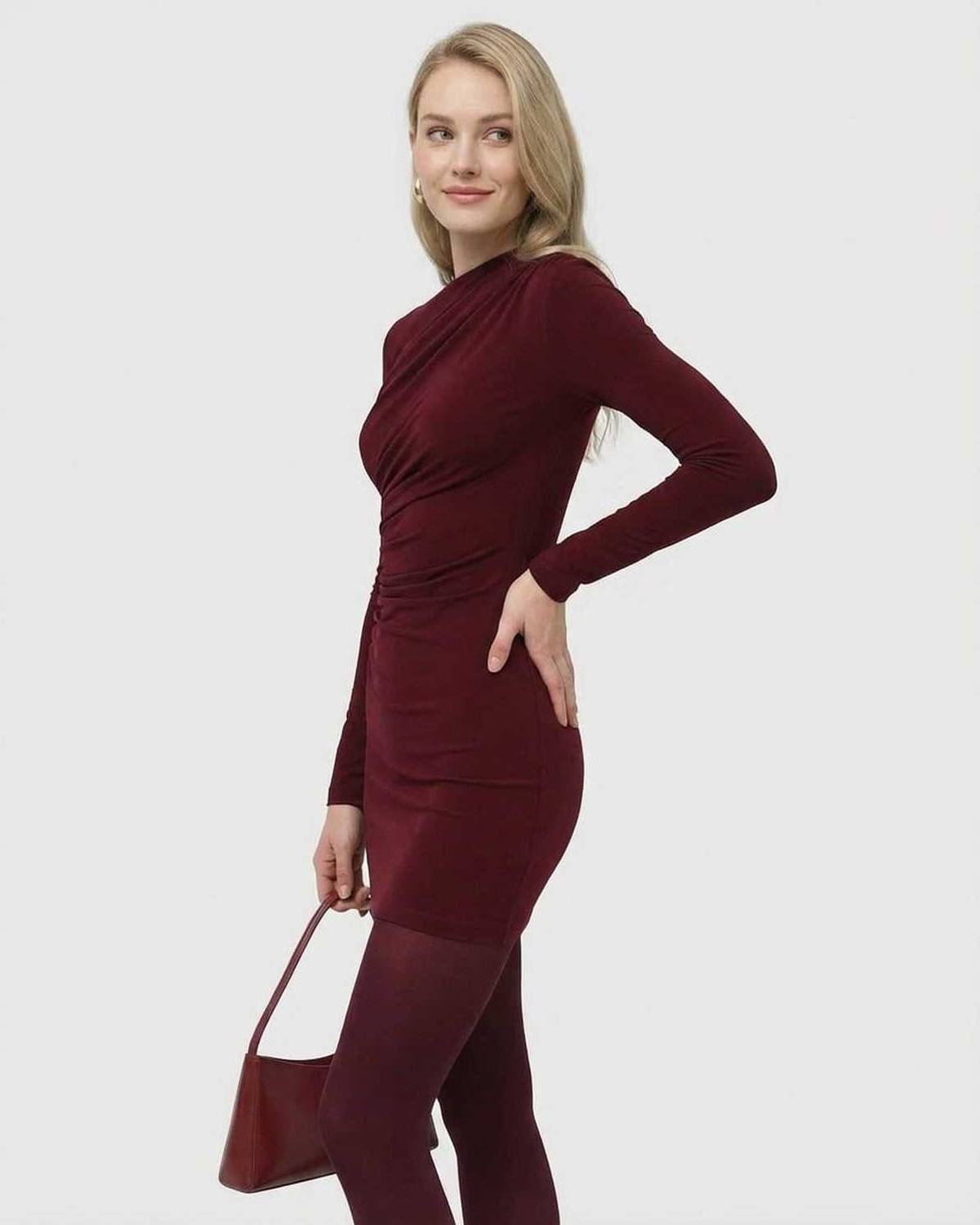 Bordeaux Mini Dress by Lauven featuring long sleeves, high waist, and applique detail, showcased in a rich wine color.