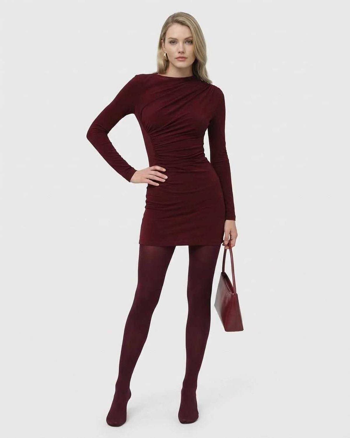 Bordeaux Mini Dress by Lauven, showcasing a long sleeve bodycon silhouette in deep wine tone with a polished finish.