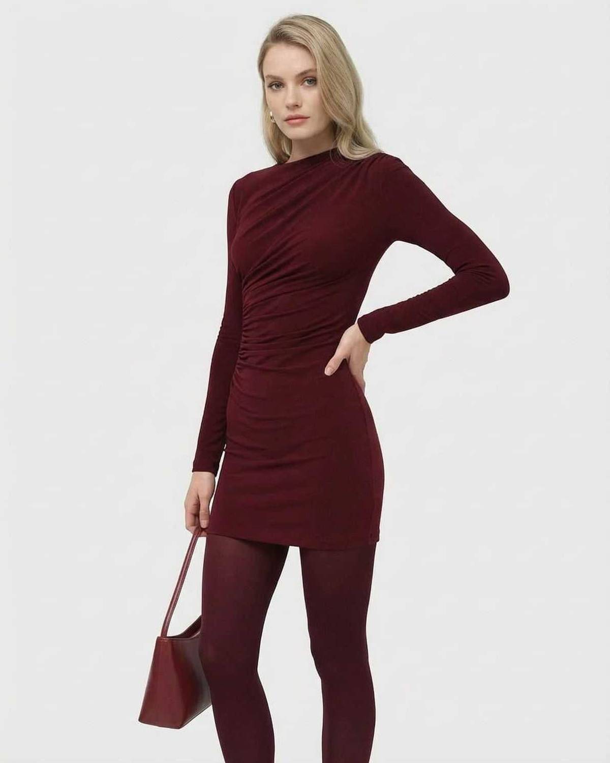 Bordeaux Mini Dress by Lauven - Long sleeve bodycon dress in deep wine tone with applique detail.