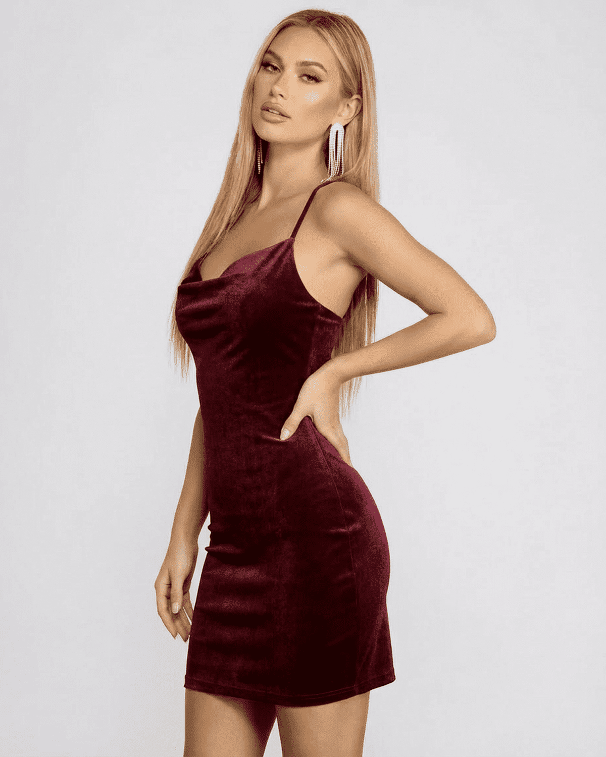 Bordeaux Mini Dress by Lauven, a velvet cowl neck backless dress in rich wine color.