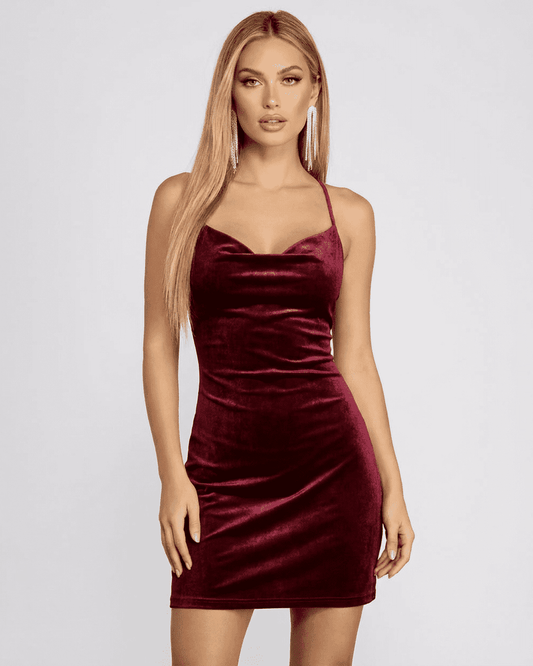 Bordeaux Mini Dress by Lauven, elegant backless velvet dress in rich wine tone with cowl neckline.