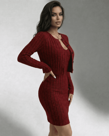 Bordeaux Set by Lauven featuring a ribbed slim fit two-piece dress and cardigan, perfect for elegant everyday wear.