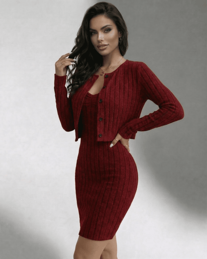 Bordeaux Set - Ribbed Slim Fit Two-Piece Dress & Cardigan Set by Lauven, designed for elegance and comfort.