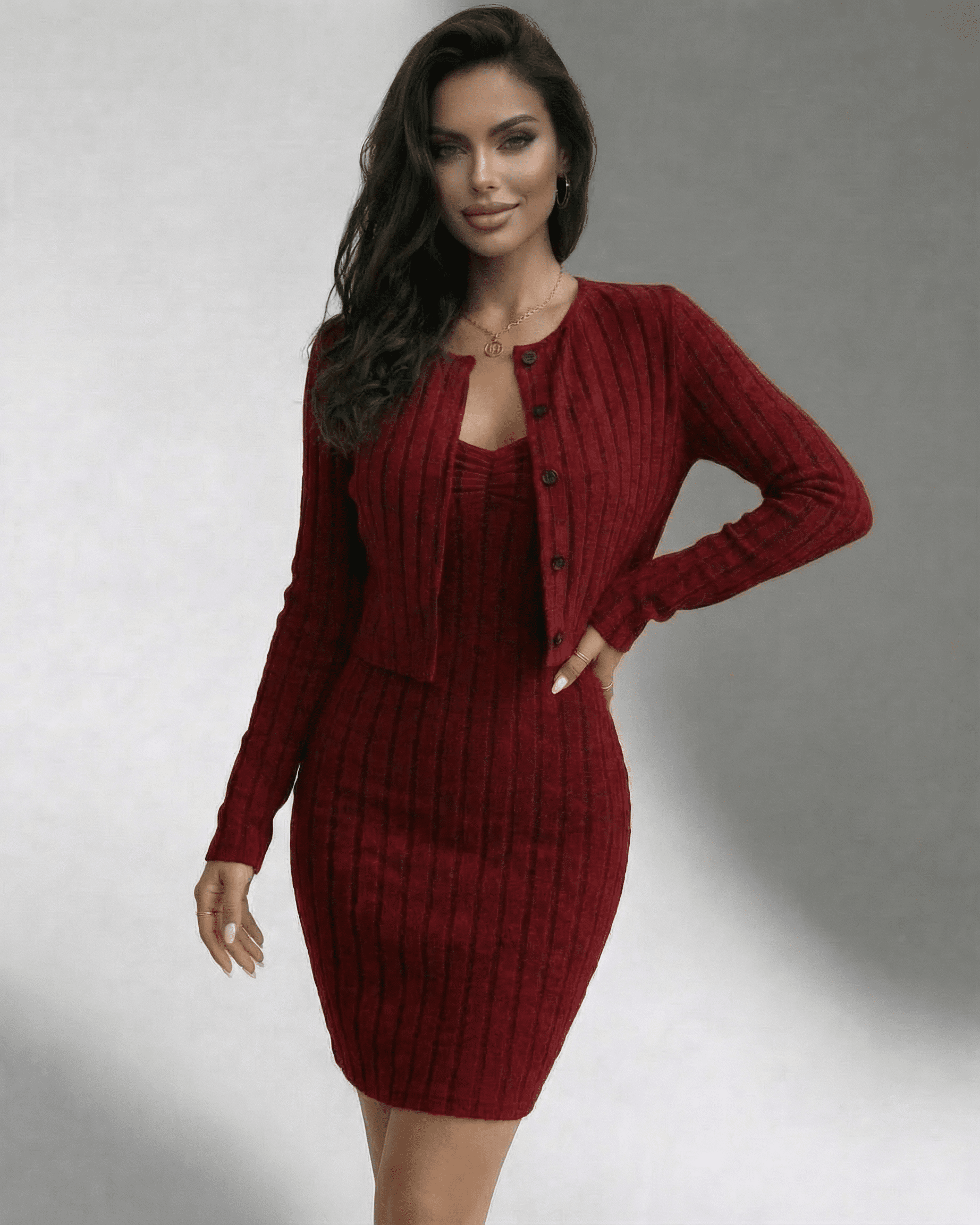Bordeaux Set by Lauven – Ribbed slim fit two-piece dress and cardigan for elegant everyday wear.