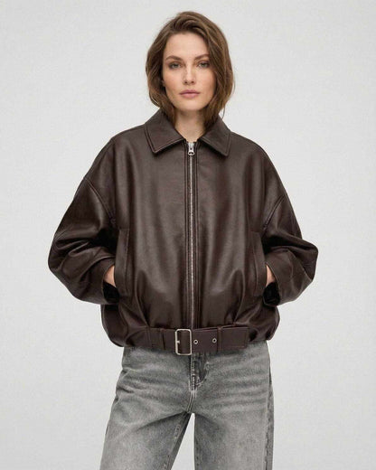 Brown Belted Jacket by Lauven – Women’s oversized zip jacket in a chic brown hue with structured lapel and belt.