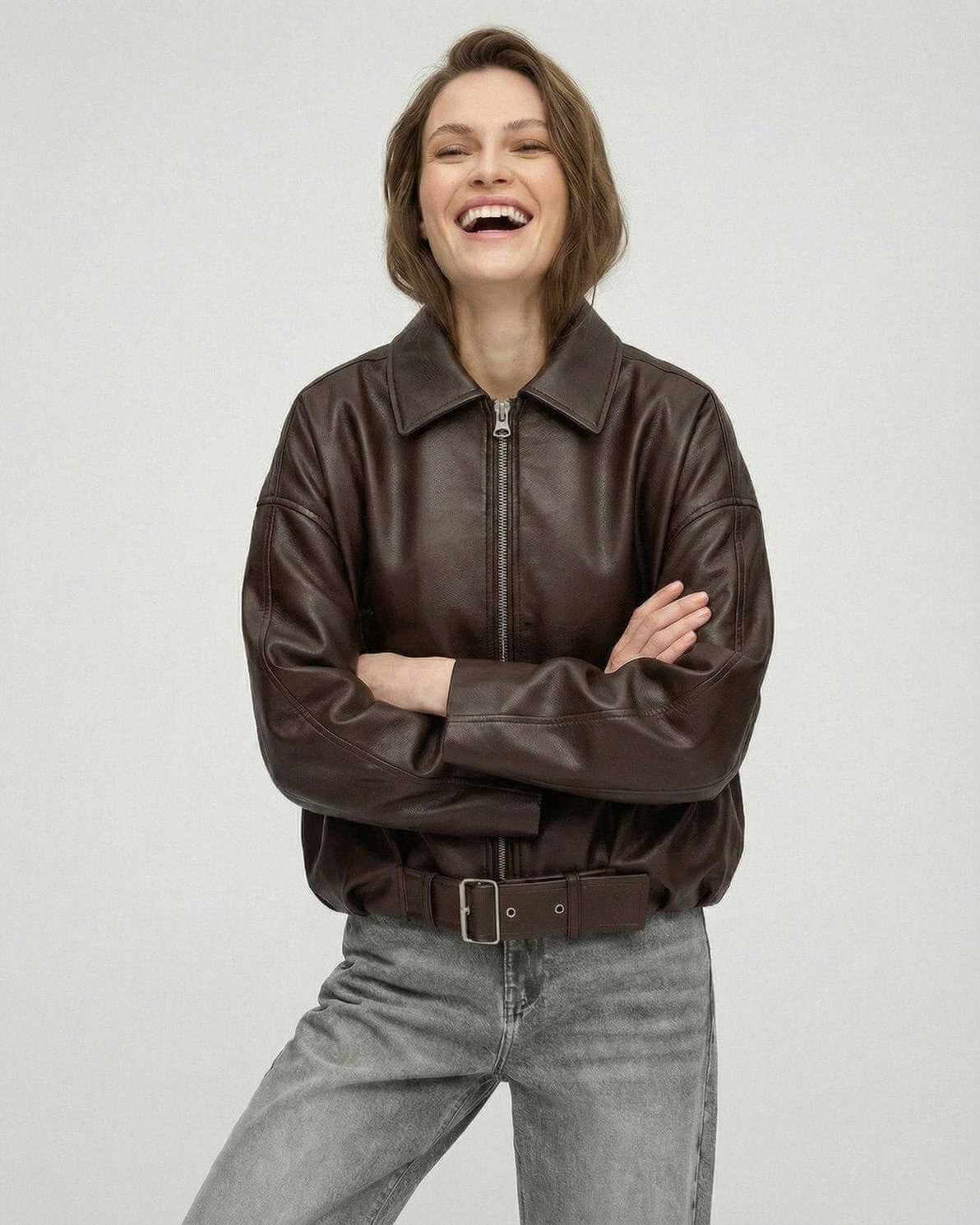 Brown Belted Jacket by Lauven – Women's oversized zip jacket with a structured look and smooth leather texture.
