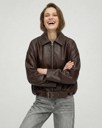 Brown Belted Jacket by Lauven – Women's oversized zip jacket with a structured look and smooth leather texture.