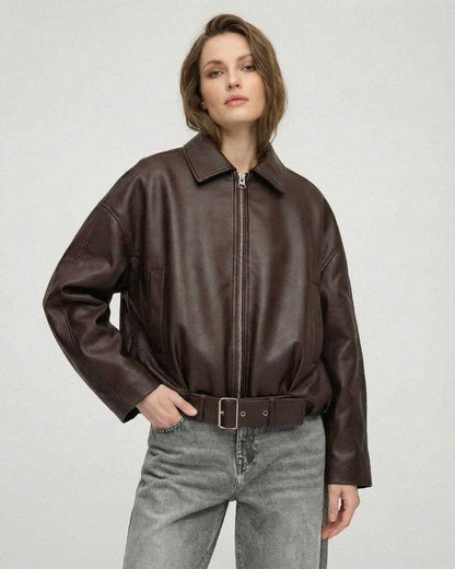 Lauven Brown Belted Jacket – Women’s oversized zip jacket with structured lapel and leather-look texture.