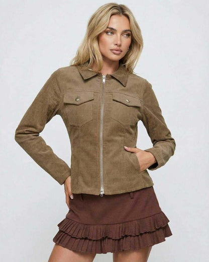 Brown Zip Jacket by Lauven, women's slim fit cord jacket featuring a full front zipper and structured silhouette.