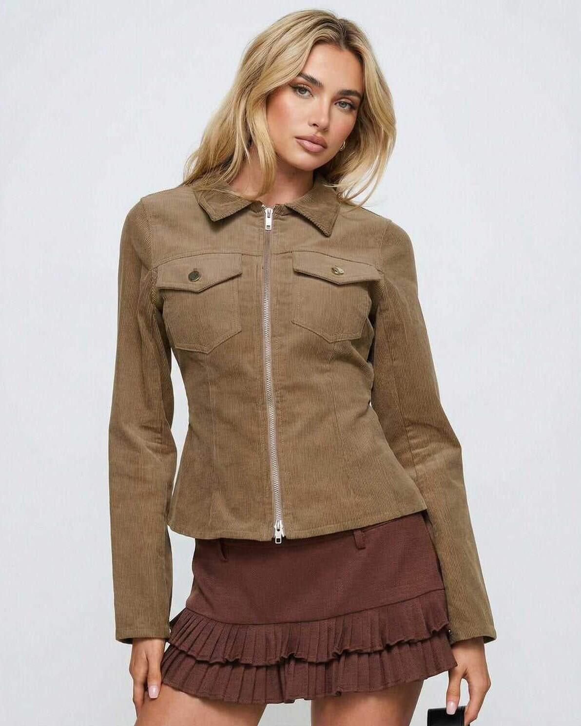 Brown Zip Jacket by Lauven with a women's slim fit design featuring a full front zipper and classic lapel collar.