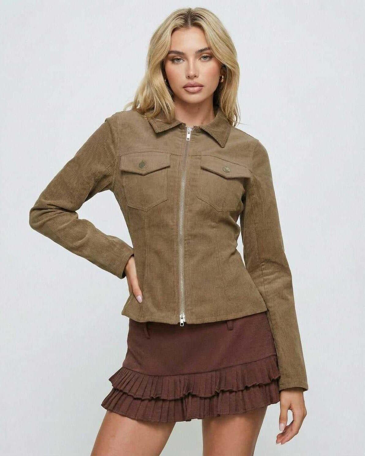 Brown Zip Jacket by Lauven, women's slim fit cord jacket featuring a full zipper and classic collar.