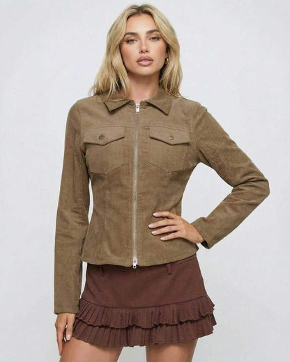 Brown Zip Jacket by Lauven on model, showcasing a slim fit design with a classic lapel collar.