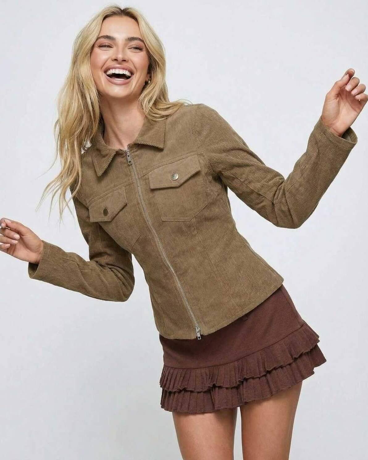 Brown Zip Jacket by Lauven worn by a smiling woman, featuring a classic lapel collar and fitted waist design.