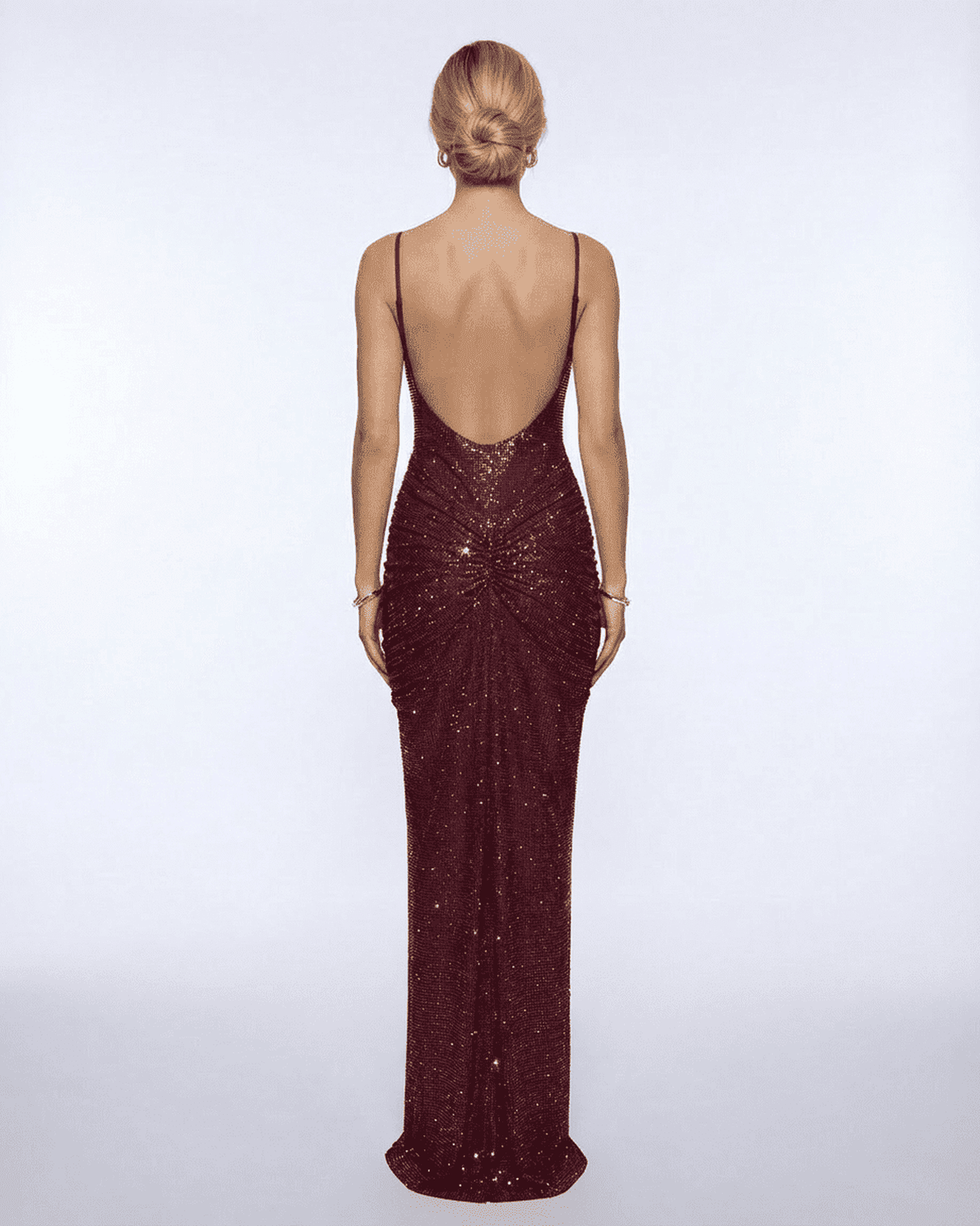 Vega Maxi Dress by Lauven, showing back view of burgundy evening gown with crystal embellishments.